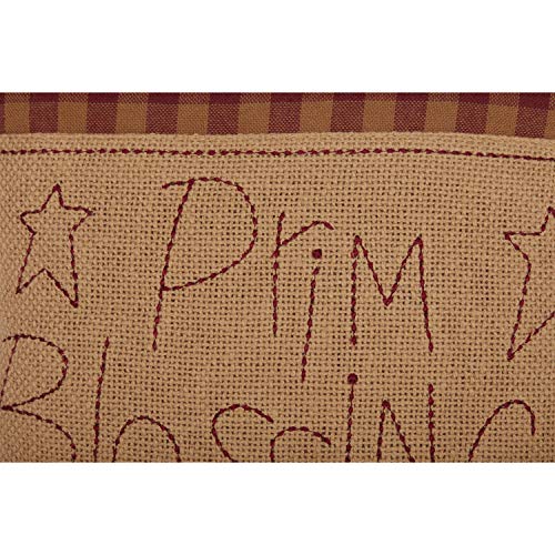 VHC Brands Burgundy Check Prim Blessings Text Cotton Burlap Primitive Thanksgiving Bedding Embroidered Square Pillow, 12x12, Red
