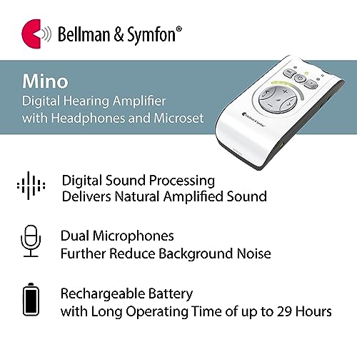 Bellman & Symfon Mino Digital Hearing Amplifier with Headphones and Microset – Reduce Background Noise and Easily Listen to Conversations with Slim, Lightweight, & Rechargeable Hearing Amplifier