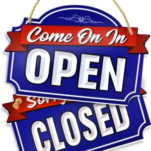bigtime signs open closed sign for business door - pvc 9" x 14" xl reversible double sided with rope for hanging - blue background open signs for business decor | modern style door mount sign