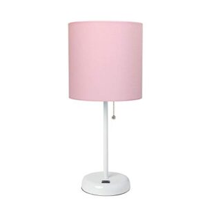 Limelights LT2044-POW Stick USB Charging Port and Fabric Shade Table Lamp, White/Light Pink,8.5 x 8.5 x 19.5