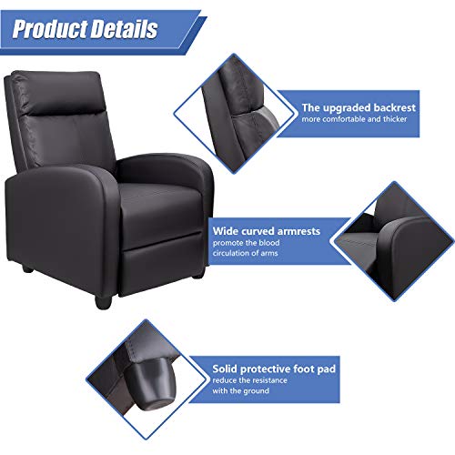 Tuoze Modern PU Leather Recliners Chair Adjustable Home Theater Seating with Sofa Padded Cushion (Black), Large