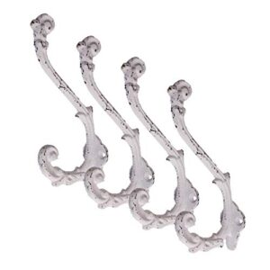 craftsman road vintage cast iron wall hooks (antique white finish, set of 4) - rustic, farmhouse, shabby chic, french country coat hooks | great for coats, bags, towels, hats | french slender