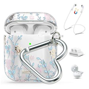 kingxbar queenxbar airpods case cover, clear hard pc airpods cover sparkle crystals with airpods strap/ear hook/watch band holder/heart-shaped carabiner for airpods 1 & 2(front led visible)