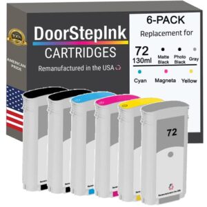 doorstepink remanufactured in the usa ink cartridge replacements for hp 72 130ml matte black photo black cyan magenta yellow gray 6pk for hp designjet t1120 t1200 t1300 t770 t620