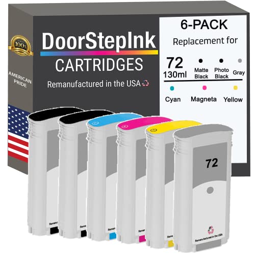 DoorStepInk Remanufactured in The USA Ink Cartridge Replacements for HP 72 130ml Matte Black Photo Black Cyan Magenta Yellow Gray 6Pk for HP DesignJet T1120 T1200 T1300 T770 T620