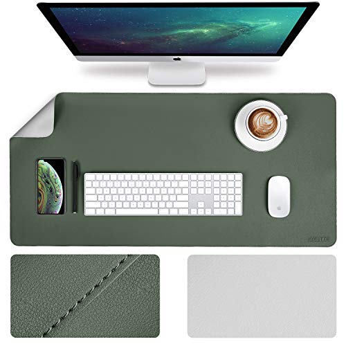 Office Desk Pad Desktop Protector, Upgrade Sewing Edge 35.4 x 17Inch PU Leather Desk Mat, Gaming Mouse Pad, Waterproof Desk Blotter Pad, Double Sides(Dark Green/Gray)