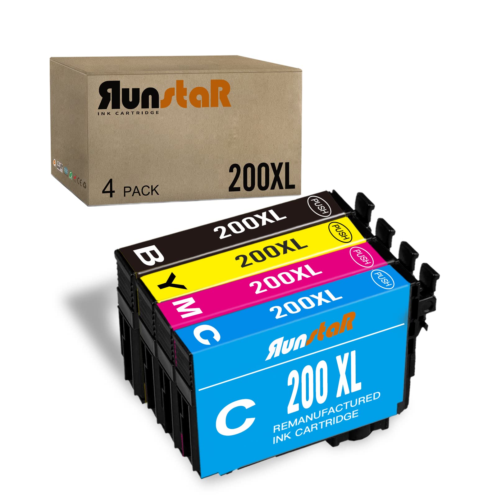 Run Star Remanufactured Ink Cartridge Replacement for Epson 200XL T200XL 200 T200XL for Expression Home XP-200 XP-300 XP-310 XP-400 XP-410 Workforce WF-2520 WF-2530 WF-2540, Black Cyan Magenta Yellow