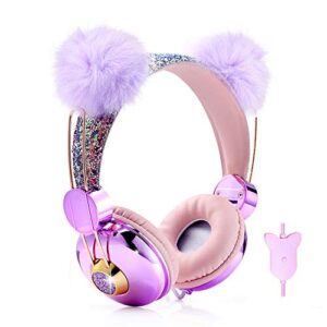 beluky--tech kids headphones girls glitter bear ear volume limiting adjustable cute anime wired headphones for girls boys school (purple-bear ear)