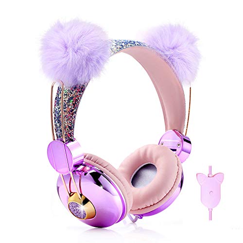 Beluky--Tech Kids Headphones Girls Glitter Bear Ear Volume Limiting Adjustable Cute Anime Wired Headphones for Girls Boys School (Purple-Bear Ear)