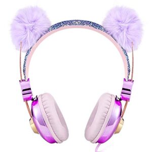 Beluky--Tech Kids Headphones Girls Glitter Bear Ear Volume Limiting Adjustable Cute Anime Wired Headphones for Girls Boys School (Purple-Bear Ear)