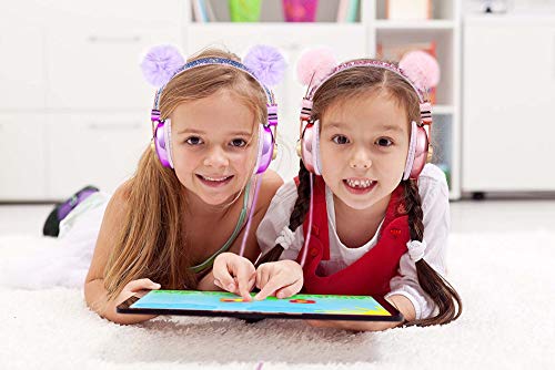 Beluky--Tech Kids Headphones Girls Glitter Bear Ear Volume Limiting Adjustable Cute Anime Wired Headphones for Girls Boys School (Purple-Bear Ear)