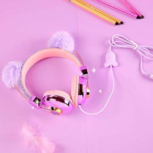 Beluky--Tech Kids Headphones Girls Glitter Bear Ear Volume Limiting Adjustable Cute Anime Wired Headphones for Girls Boys School (Purple-Bear Ear)