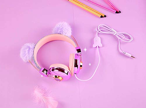 Beluky--Tech Kids Headphones Girls Glitter Bear Ear Volume Limiting Adjustable Cute Anime Wired Headphones for Girls Boys School (Purple-Bear Ear)