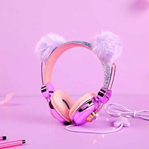 Beluky--Tech Kids Headphones Girls Glitter Bear Ear Volume Limiting Adjustable Cute Anime Wired Headphones for Girls Boys School (Purple-Bear Ear)