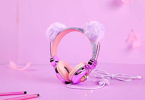 Beluky--Tech Kids Headphones Girls Glitter Bear Ear Volume Limiting Adjustable Cute Anime Wired Headphones for Girls Boys School (Purple-Bear Ear)