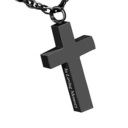 Cremation Cross Necklace for Ashes Stainless Steel Cross Urn Pendant Ashes Holder Memorial Jewelry-In Loving Memory(Black)