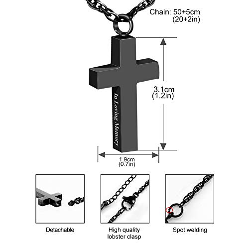 Cremation Cross Necklace for Ashes Stainless Steel Cross Urn Pendant Ashes Holder Memorial Jewelry-In Loving Memory(Black)