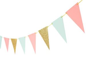 glitter gold mint coral party banner decoration anniversary graduation supplies paper garland pennant for baby shower birthday party nursery anniversary decorations 10 feet 15 pcs (gold coral mint)