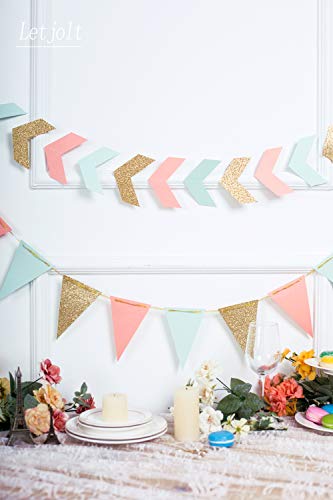 Glitter Gold Mint Coral Party Banner Decoration Anniversary Graduation Supplies Paper Garland Pennant for Baby Shower Birthday Party Nursery Anniversary Decorations 10 Feet 15 Pcs (Gold Coral Mint)