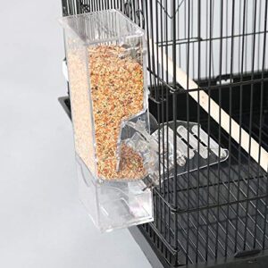 automatic bird seed feeder with perch, free install acrylic transparent parrot foraging feeders cage accessories for small and medium parrots parakeets cockatiels lovebirds sun conures caique finches