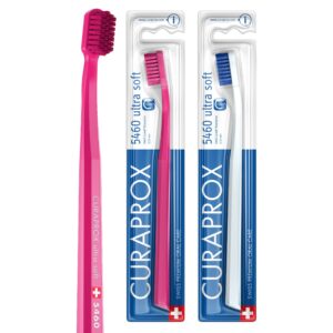 curaprox cs 5460 extra-soft toothbrushes for adults, sensitive-gum-safe ultra-fine filaments and compact, slightly angled toothbrush head for improved tooth and gum health, pack of 2
