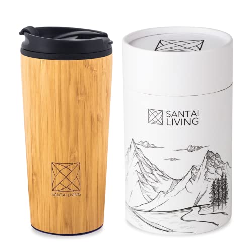 Santai Living Insulated Bamboo Travel Mug Tumbler Leak-Proof Black Flip Lid Coffee Cup Stainless Steel Thermos,16oz/400ml