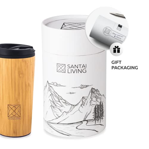 Santai Living Insulated Bamboo Travel Mug Tumbler Leak-Proof Black Flip Lid Coffee Cup Stainless Steel Thermos,16oz/400ml