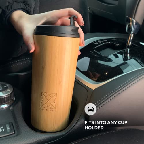 Santai Living Insulated Bamboo Travel Mug Tumbler Leak-Proof Black Flip Lid Coffee Cup Stainless Steel Thermos,16oz/400ml