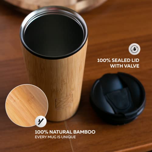 Santai Living Insulated Bamboo Travel Mug Tumbler Leak-Proof Black Flip Lid Coffee Cup Stainless Steel Thermos,16oz/400ml