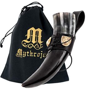 mythrojan the lion always pays its debts - viking drinking horn with black leather holder authentic medieval inspired viking wine/mead mug – polished finish