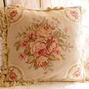 Fine Home Crafts 16" Shabby Chic Victorian Hand Crafted Vintage Rose Needlepoint Pillow Cushion Cover