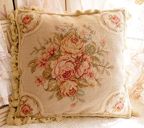 Fine Home Crafts 16" Shabby Chic Victorian Hand Crafted Vintage Rose Needlepoint Pillow Cushion Cover