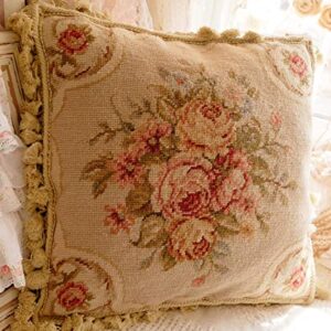 Fine Home Crafts 16" Shabby Chic Victorian Hand Crafted Vintage Rose Needlepoint Pillow Cushion Cover