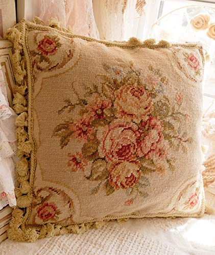 Fine Home Crafts 16" Shabby Chic Victorian Hand Crafted Vintage Rose Needlepoint Pillow Cushion Cover