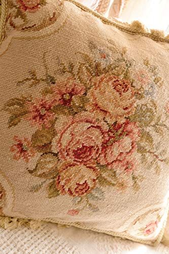 Fine Home Crafts 16" Shabby Chic Victorian Hand Crafted Vintage Rose Needlepoint Pillow Cushion Cover