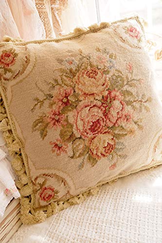 Fine Home Crafts 16" Shabby Chic Victorian Hand Crafted Vintage Rose Needlepoint Pillow Cushion Cover