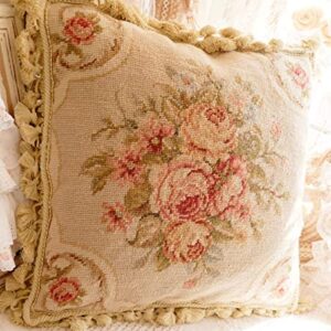 Fine Home Crafts 16" Shabby Chic Victorian Hand Crafted Vintage Rose Needlepoint Pillow Cushion Cover