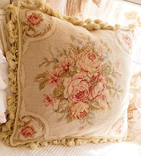 Fine Home Crafts 16" Shabby Chic Victorian Hand Crafted Vintage Rose Needlepoint Pillow Cushion Cover