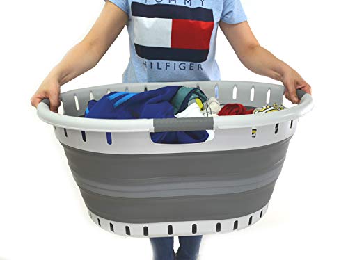 SAMMART 57L (15 Gallons) Collapsible 3-Handled Plastic Laundry Basket - Oval Tub - Portable Washing Tub-Space Saving Laundry Hamper (1 pc - Oval, Dark Grey)