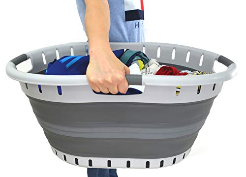 SAMMART 57L (15 Gallons) Collapsible 3-Handled Plastic Laundry Basket - Oval Tub - Portable Washing Tub-Space Saving Laundry Hamper (1 pc - Oval, Dark Grey)