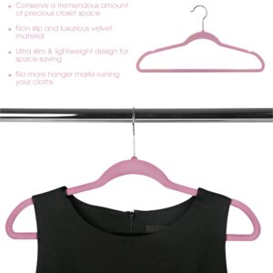 Elama 100 Piece Set of Velvet Slim Profile Heavy Duty Felt Hangers with Stainless Steel Swivel Hooks in Pink