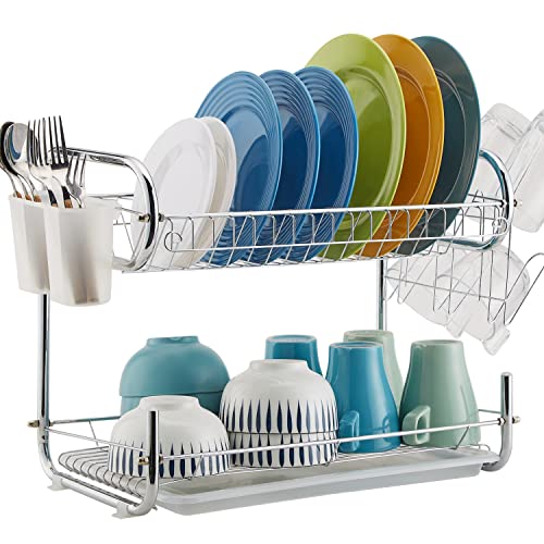 Naturous Dish Drying Rack 2 Tier, Kitchen Dish Rack with Drainboard