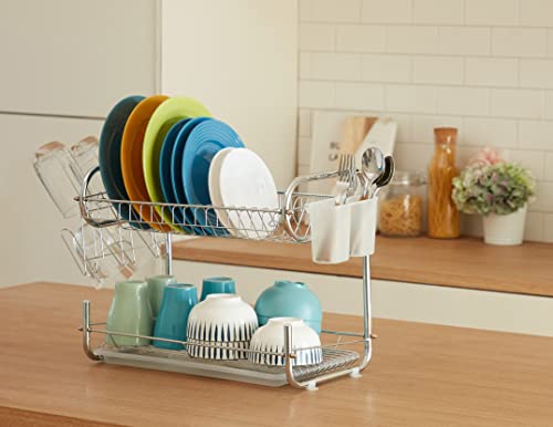 Naturous Dish Drying Rack 2 Tier, Kitchen Dish Rack with Drainboard