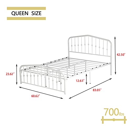 alazyhome Metal Bed Frame Queen Size Platform No Box Spring Needed with Vintage Headboard and Footboard Premium Steel Slat Support Mattress Foundation White