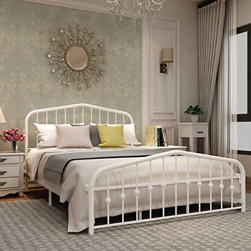 alazyhome Metal Bed Frame Queen Size Platform No Box Spring Needed with Vintage Headboard and Footboard Premium Steel Slat Support Mattress Foundation White