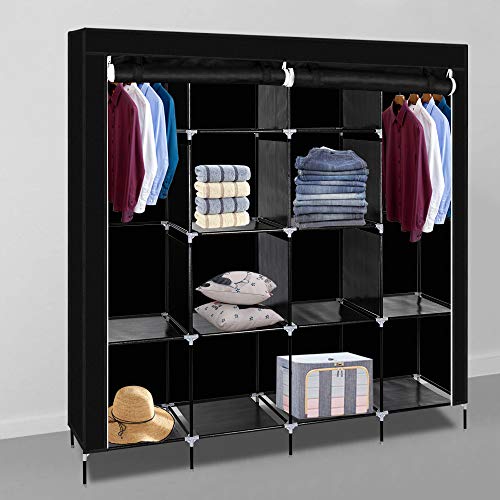 Knocbel 67" Tall Freestanding Closet Organzier Clothes Garment Rack Dustproof & Waterproof Fabric Cover with Storage Shelves 2 Hanging Rods & 4 Side Pockets (Black)