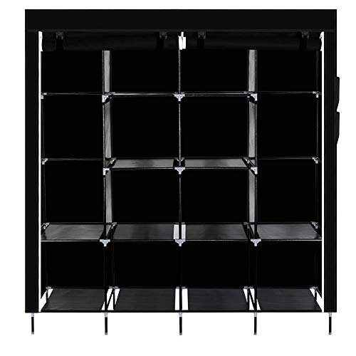 Knocbel 67" Tall Freestanding Closet Organzier Clothes Garment Rack Dustproof & Waterproof Fabric Cover with Storage Shelves 2 Hanging Rods & 4 Side Pockets (Black)