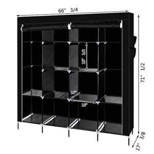 Knocbel 67" Tall Freestanding Closet Organzier Clothes Garment Rack Dustproof & Waterproof Fabric Cover with Storage Shelves 2 Hanging Rods & 4 Side Pockets (Black)