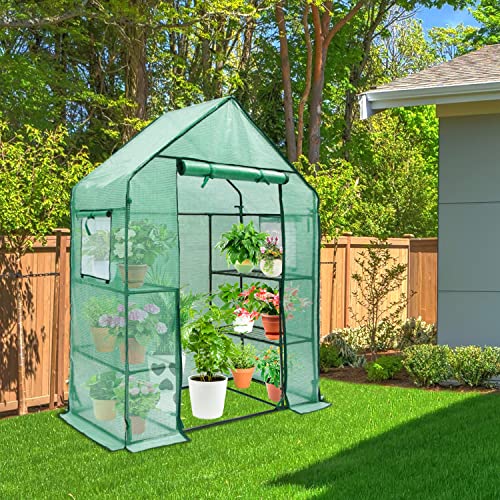 Ohuhu Greenhouse for Outdoors with Mesh Side Windows, 3 Tiers 4 Shelves Small Walk-In Green House Plant Stands Plastic PE Cover Outside Portable Warm House for Seedling Flowers Growing, 4.8x2.5x6.4 FT