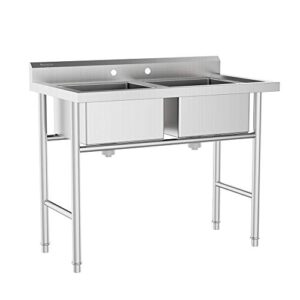 bonnlo commercial 304 stainless steel sink 2 compartment free standing utility sink for garage, restaurant, kitchen, laundry room, outdoor, 35.8" w x 21.3" d x 40" h